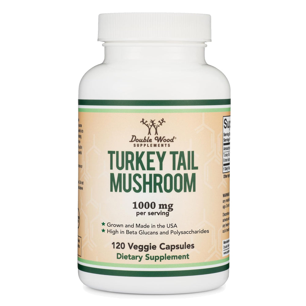 Double Wood Turkey Tail bottle with capsules signals potential immune support