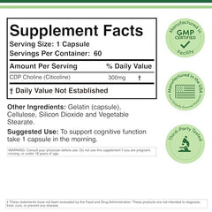 Double Wood CDP Choline front label with 300 mg per capsule for cognitive support