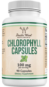 Double Wood Chlorophyll capsules bottle showing 100 mg per serving for daily wellness