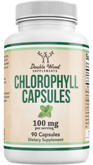 Double Wood Chlorophyll capsules bottle showing 100 mg per serving for daily wellness
