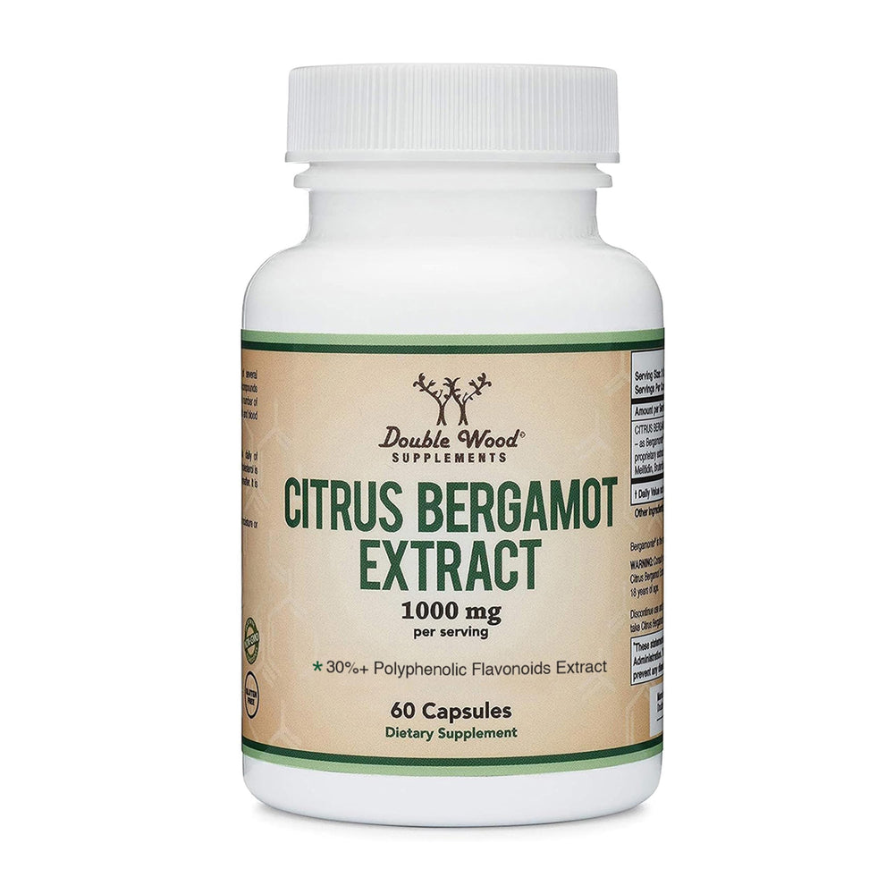 Double Wood Citrus Bergamot bottle label showing 1000mg per serving for daily cardiovascular support