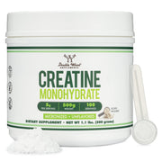 Double Wood Creatine Monohydrate bottle label highlights purity for workouts.