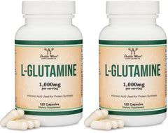 Double Wood L-Glutamine capsules bottle front highlights non-GMO and keto-friendly formula.