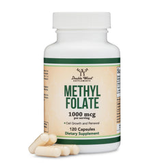 Double Wood Methylfolate bottle close-up, third-party tested for quality and purity.