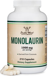 Double Wood Monolaurin bottle close-up highlighting 1000 mg serving for daily immune support
