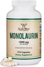 Double Wood Monolaurin bottle close-up highlighting 1000 mg serving for daily immune support