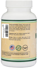 Double Wood Mullein Leaf bottle displaying 1000 mg per serving and a three-month supply for consistent use.