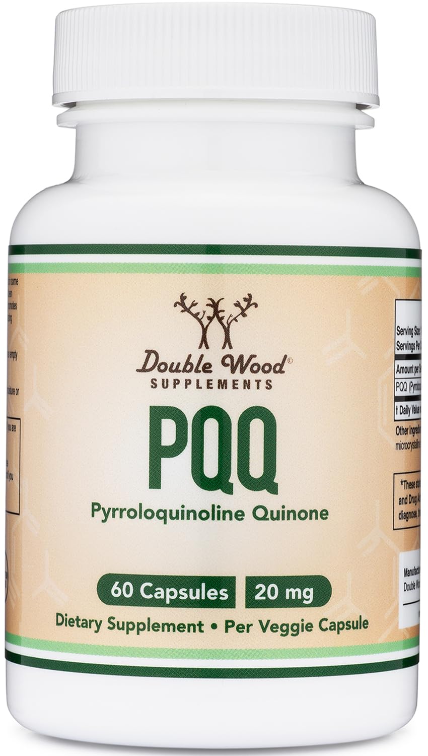 Double Wood PQQ bottle pour shows convenient daily energy support.