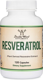 Double Wood Resveratrol bottle front view with 120 vegetarian capsules for healthy aging support.