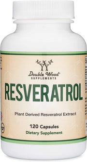 Double Wood Resveratrol bottle front view with 120 vegetarian capsules for healthy aging support.