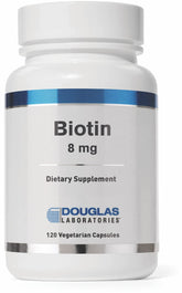 Douglas Laboratories Biotin 8 mg bottle on a clean kitchen counter signaling daily nerve-support nutrition