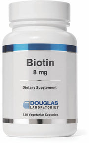 Douglas Laboratories Biotin 8 mg bottle on a clean kitchen counter signaling daily nerve-support nutrition