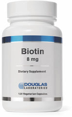 Douglas Laboratories Biotin 8 mg bottle on a clean kitchen counter signaling daily nerve-support nutrition