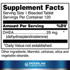 Douglas Laboratories DHEA 25 mg dissolvable tablets bottle back label lists ingredients and dosing