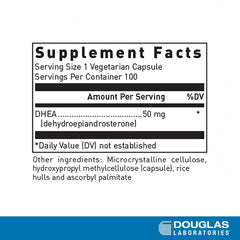 Douglas Laboratories DHEA 50 mg capsules label highlights non-GMO formulation and micronized ingredients
