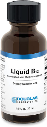 Douglas Laboratories Liquid B12 bottle with methylcobalamin supports normal metabolism of carbohydrates and protein.