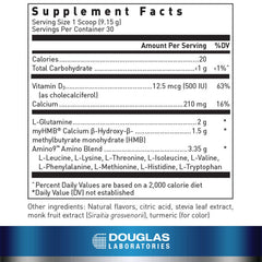 Douglas Laboratories Muscle Protect HMB label close-up shows key ingredients for muscle support.