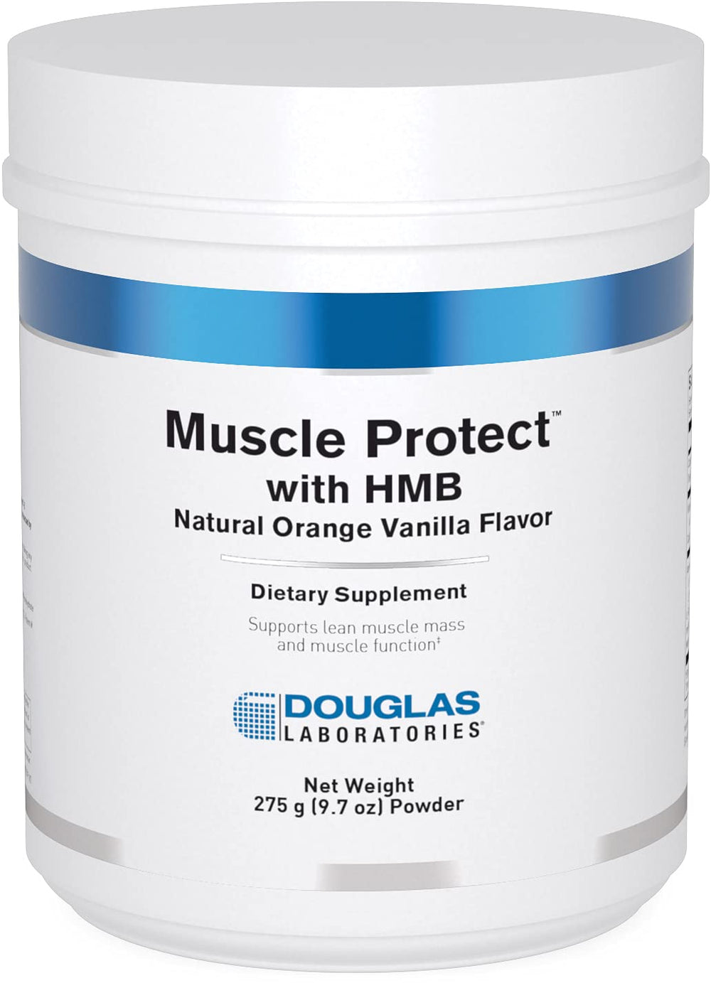 Douglas Laboratories Muscle Protect HMB powder tub on shelf supports lean muscle health.