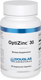 Douglas Laboratories Opti Zinc 30 mg bottle with capsules for immune and skin support.