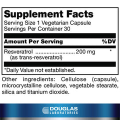 Douglas Laboratories Resveratrol bottle back label highlights GMO-free formulation.