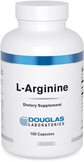 Douglas Laboratories L-Arginine 700 mg capsules bottle on desk, supports muscle structure.