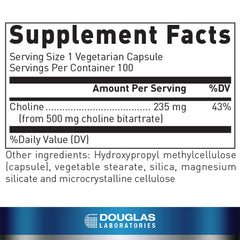 Douglas Laboratories Choline Bitartrate label highlights ingredients that may support liver function.