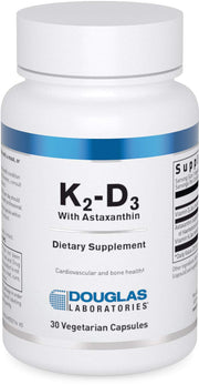 Douglas Laboratories K2-D3 with Astaxanthin bottle front view showing supplement packaging for bone and vascular health.