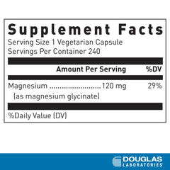 Douglas Laboratories Magnesium Glycinate bottle back label shows dosage and quality.