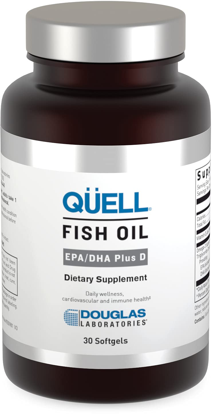 Douglas Laboratories Quell Fish Oil bottle highlighting purity and omega-3 blend.