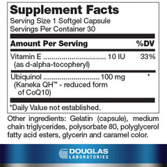 Douglas Laboratories Ubiquinol-QH bottle label close-up highlighting product details.