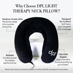 The dpl red light neck pillow features black ergonomic foam supporting neck comfort during long commutes.