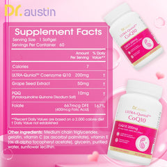 DR.AUSTIN CoQ10 softgel capsule close-up highlighting ubiquinol content.
