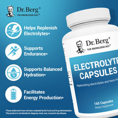 Dr. Berg Electrolyte Capsules bottle label close-up noting GMP-certified manufacturing