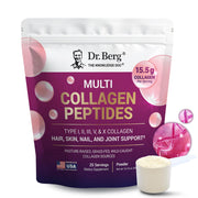 Dr. Berg Multi Collagen Peptides powder bottle on counter, supports skin and joints.