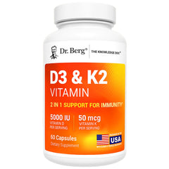 Dr. Berg D3 K2 5000 IU bottle with capsules for daily vitamin routine