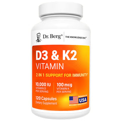 Dr. Berg Nutritionals D3 K2 capsules bottle supports daily vitamin D3 and K2 intake