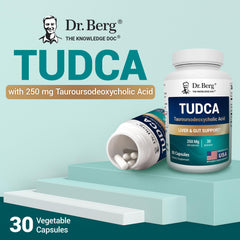 Dr. Berg TUDCA bottle on a countertop for daily digestion support