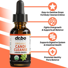 DR. BO Candi Cleanse bottle closeup highlights a premium oregano oil blend.