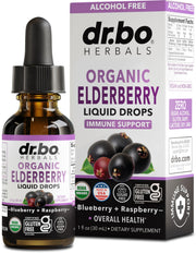 DR. BO Elderberry Drops bottle shown for daily immune support