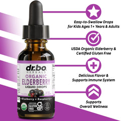 DR. BO Elderberry Drops being poured for easy dosing