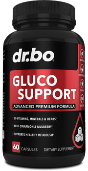 DR. BO Gluco Support bottle label highlights chromium and cinnamon for metabolism support.