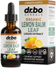 DR. BO Organic Lemon Balm Extract bottle for easy daytime calm.