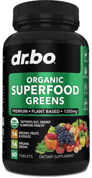 DR. BO organic greens tablets in bottle for daily energy support