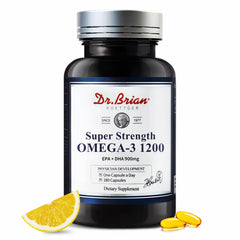 DR.BRIAN Omega 3 odorless fish oil bottle demonstrating purity and lemon flavor.