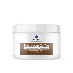 DR. EMIL Mushroom Coffee packaging highlights premium blend for focused mornings.
