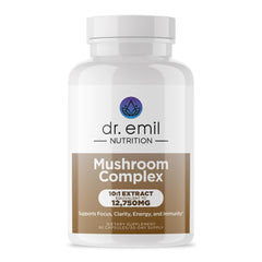 DR. EMIL NUTRITION 10-mushroom bottle promotes focus and mental clarity