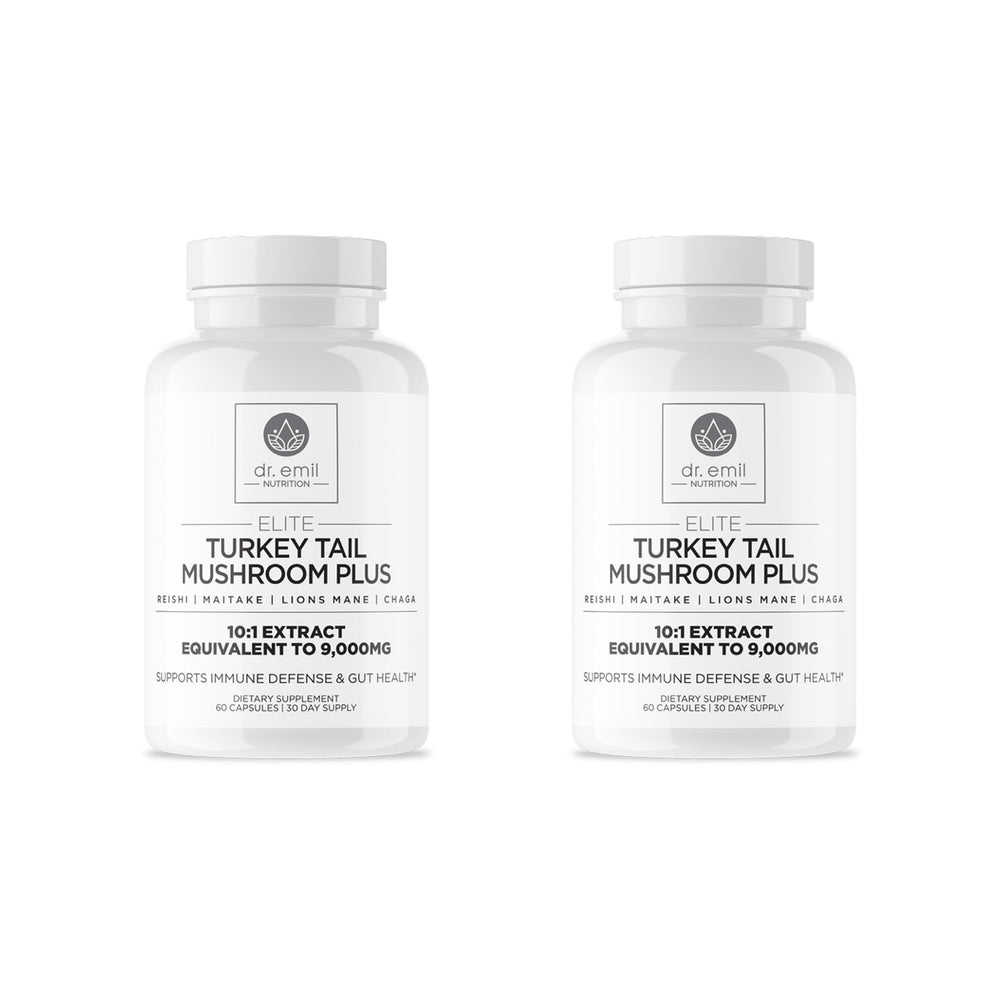 Dr. Emil Nutrition Elite Turkey Tail bottle label highlighting immune support.