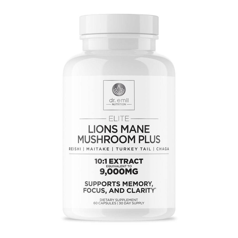 DR. EMIL NUTRITION Lions Mane bottle shows natural cognitive support potential.