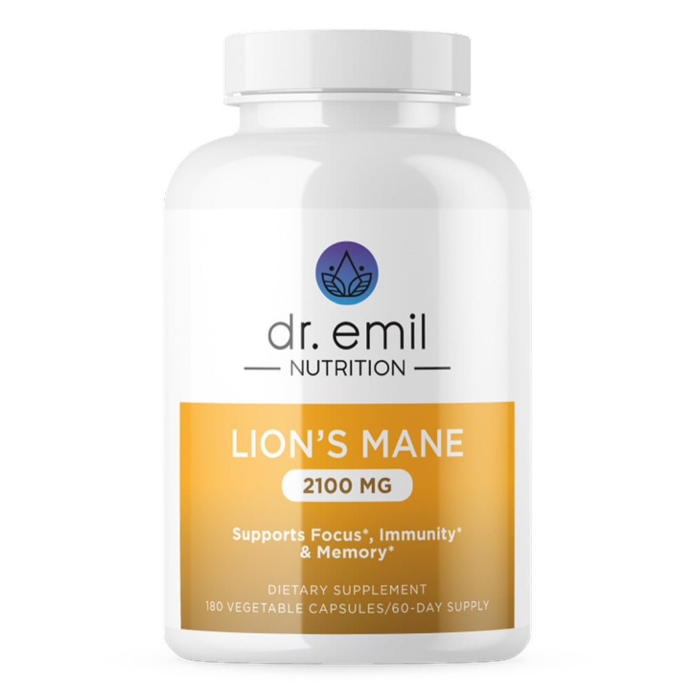 DR. EMIL NUTRITION Lions Mane capsules close-up for focus and clarity
