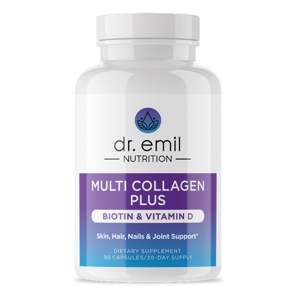 DR. EMIL NUTRITION Multi Collagen Plus bottle with all-in-one blend for hair, skin, and nails.